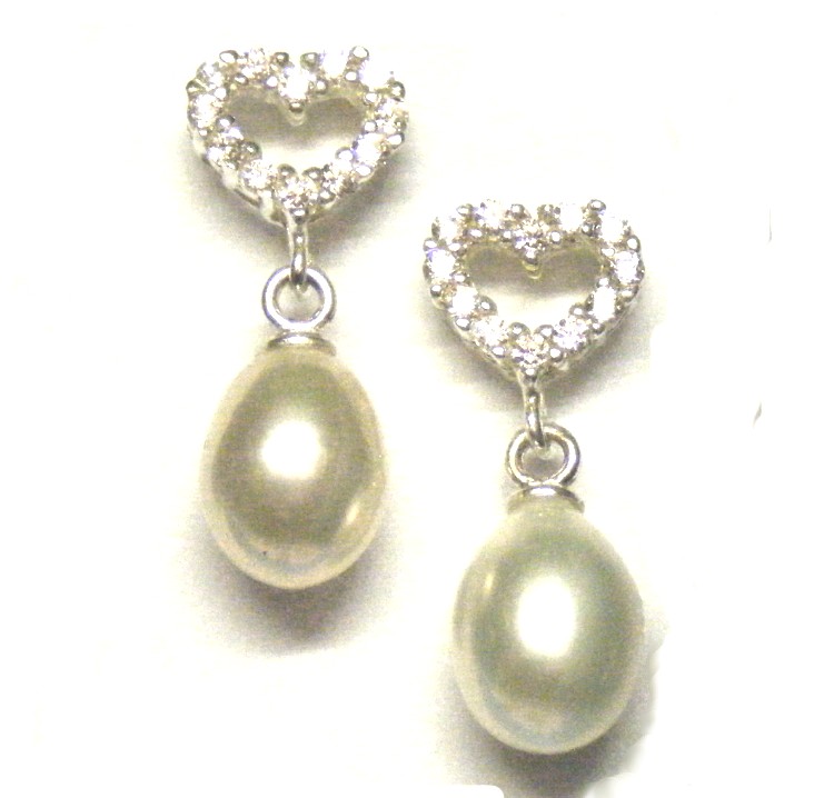 Silver and CZ Hearts White Pearl Earrings